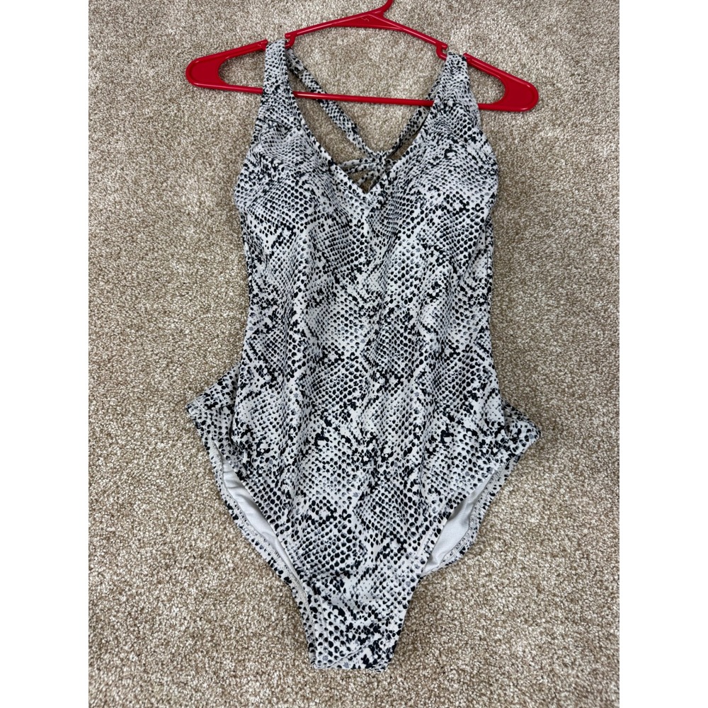 All in Motion Womens Snakeskin One Piece Swimsuit Black White Strappy Back S